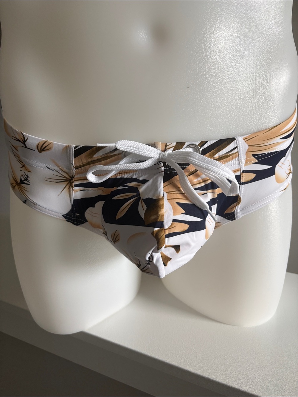 Men's White Floral Swim Briefs with Tan & Navy Print